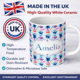 Personalized Custom Name Blue Purple Watercolor Floral Abstract Artistic Seamless Pattern 11oz Ceramic Coffee Tea Mug White Large Handle