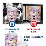 Personalized Custom Name Halloween Vampire Ghost Bat Spooky Character Purple Seamless 11oz Ceramic Coffee Tea Mug White Large Handle