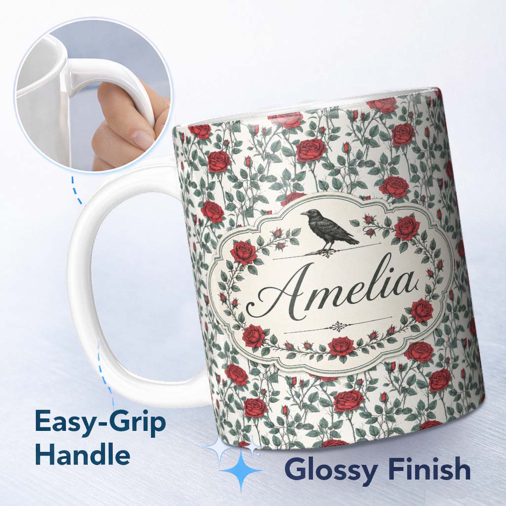 Personalized Custom Name Classic Red Rose Botanical Seamless Pattern on Light Background 11oz Ceramic Coffee Tea Mug White Large Handle