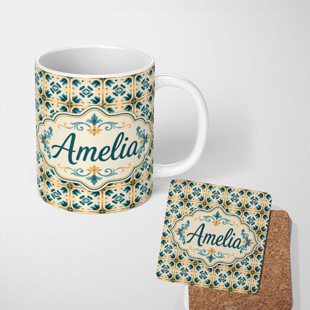 Personalized Custom Name Teal and Orange Stylised Floral Tile Pattern with Repeating Lovely 11oz Ceramic Coffee Tea Mug White Large Handle