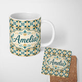 Personalized Custom Name Teal and Orange Stylised Floral Tile Pattern with Repeating Lovely 11oz Ceramic Coffee Tea Mug White Large Handle