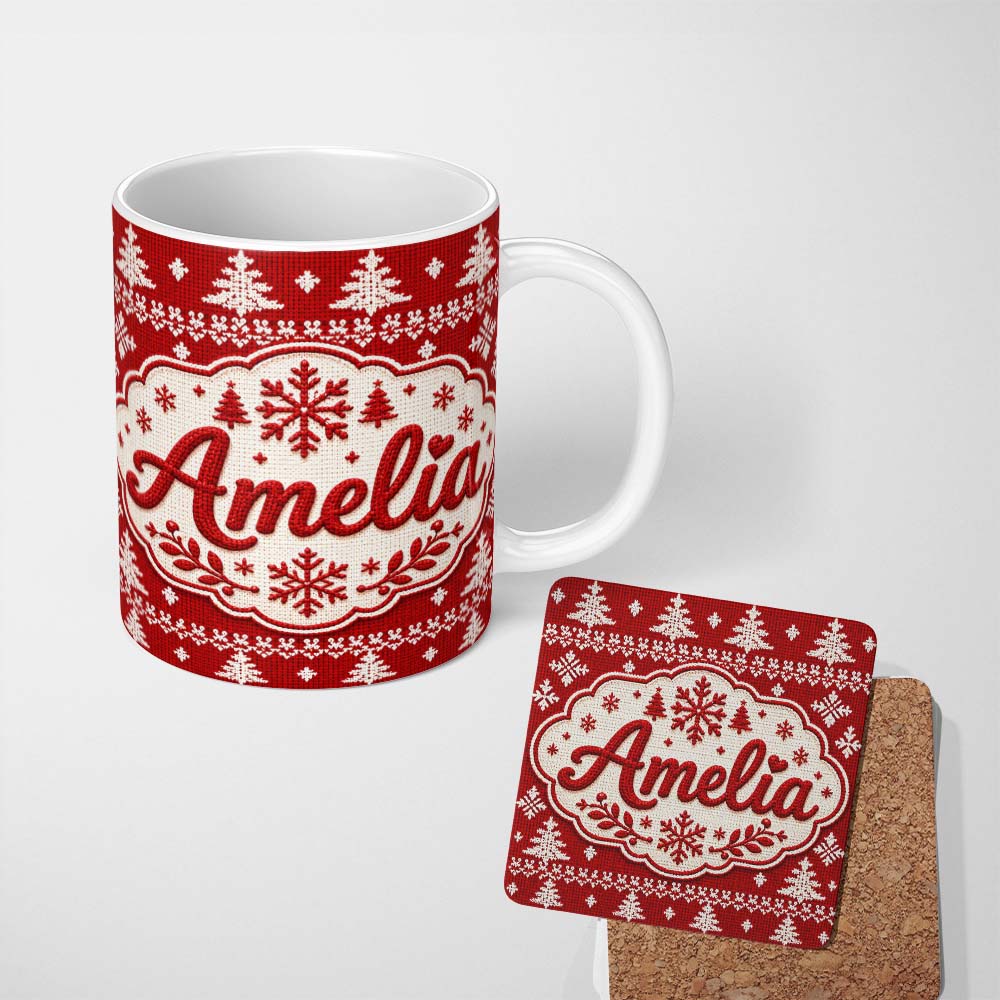 Personalized Custom Name Knitted Nordic Snowflake Christmas Tree Red Seamless Pattern Lovely 11oz Ceramic Coffee Tea Mug White Large Handle