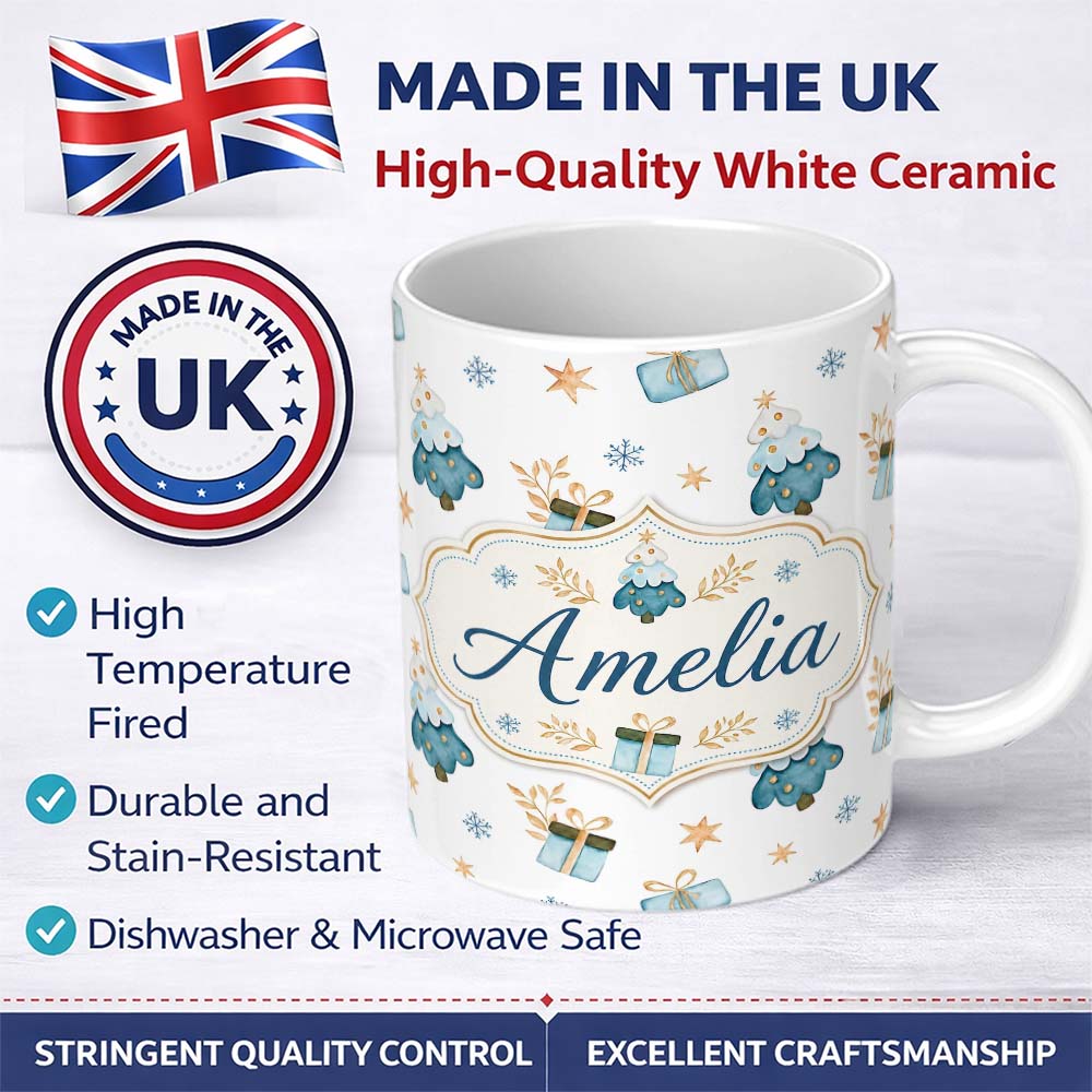 Personalized Custom Name Soft Blue Christmas Tree Gift Snowflake Cute Seamless Pattern Lovely 11oz Ceramic Coffee Tea Mug White Large Handle