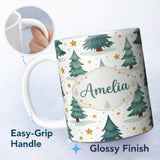 Personalized Custom Name Snowy Christmas Pine Trees with Golden Stars Winter Seamless Pattern 11oz Ceramic Coffee Tea Mug White Large Handle