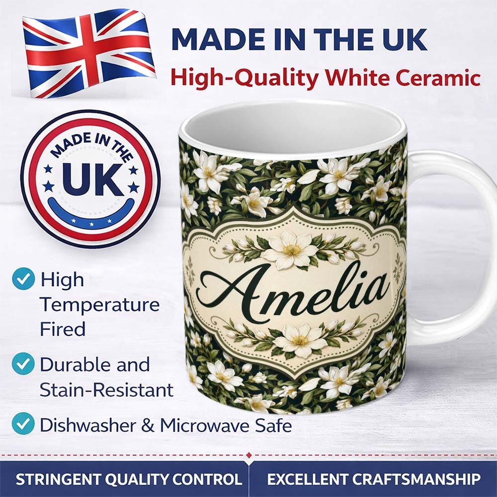 Personalized Custom Name Dark Background Magnolia Style White Flowers with Green Foliage 11oz Ceramic Coffee Tea Mug White Large Handle
