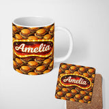 Personalized Custom Name Glossy Realistic Cheeseburger Seamless Pattern Dark Background Fast 11oz Ceramic Coffee Tea Mug White Large Handle
