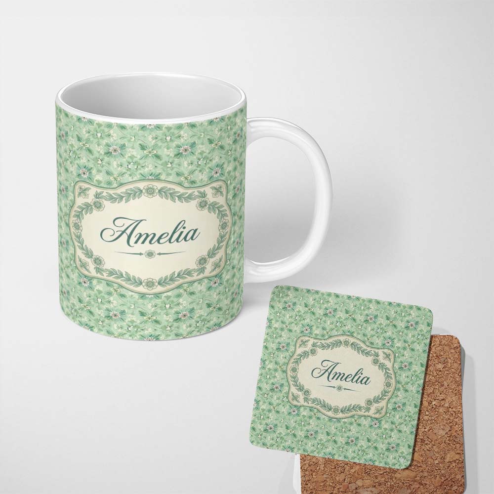 Personalized Custom Name Elegant Green Floral Medallion Seamless Pattern Vintage Botanical 11oz Ceramic Coffee Tea Mug White Large Handle