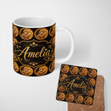 Personalized Custom Name Gold Monkey Medallion Pattern Black Background Luxury Seamless 11oz Ceramic Coffee Tea Mug White Large Handle