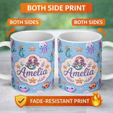 Personalized Custom Name Cute Cartoon Mermaid with Sea Creatures on Blue Background Kids 11oz Ceramic Coffee Tea Mug White Large Handle