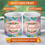 Personalized Custom Name Tropical Flamingo with Hibiscus Flowers and Leaves Sky Blue Lovely 11oz Ceramic Coffee Tea Mug White Large Handle