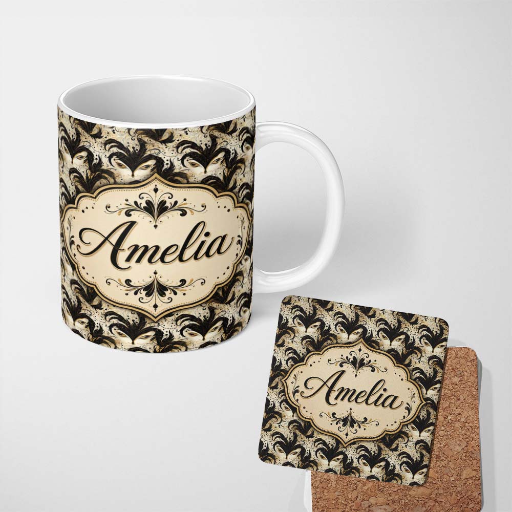 Personalized Custom Name Ornate Black and Gold Feathered Mask Design with Abstract Flourishes 11oz Ceramic Coffee Tea Mug White Large Handle