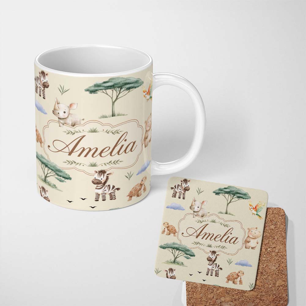 Personalized Custom Name Cute Safari Animals Zebra Rhino Turtle on cream Seamless Pattern 11oz Ceramic Coffee Tea Mug White Large Handle