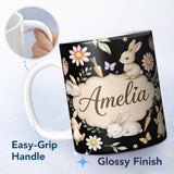 Personalized Custom Name Cute Bunny Rabbits Carrots Flowers Spring Garden Seamless Pattern 11oz Ceramic Coffee Tea Mug White Large Handle