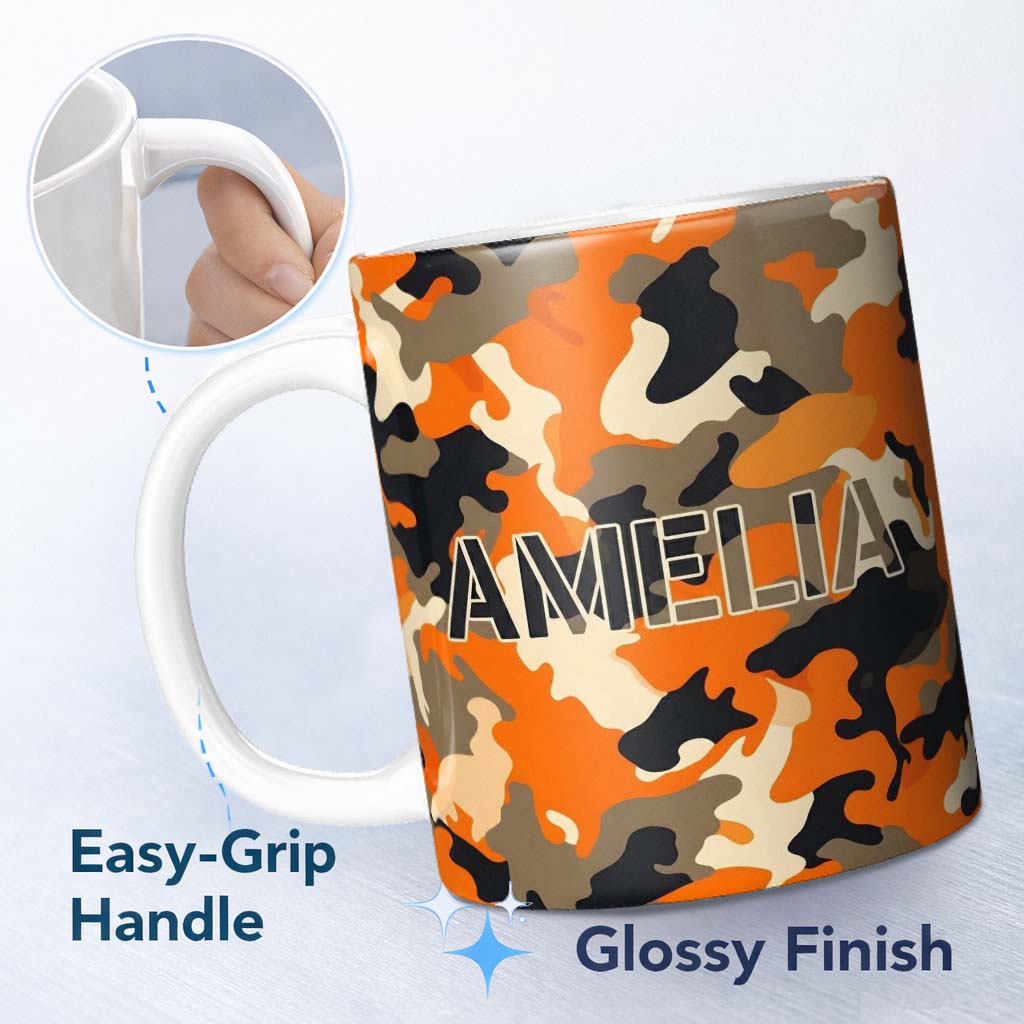 Personalized Custom Name Orange Beige Camouflage Soft Contrast Seamless Pattern Lovely 11oz Ceramic Coffee Tea Mug White Large Handle