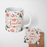 Personalized Custom Name Watercolor Christmas Baubles Snowflakes Reindeer Tree Festive Lovely 11oz Ceramic Coffee Tea Mug White Large Handle