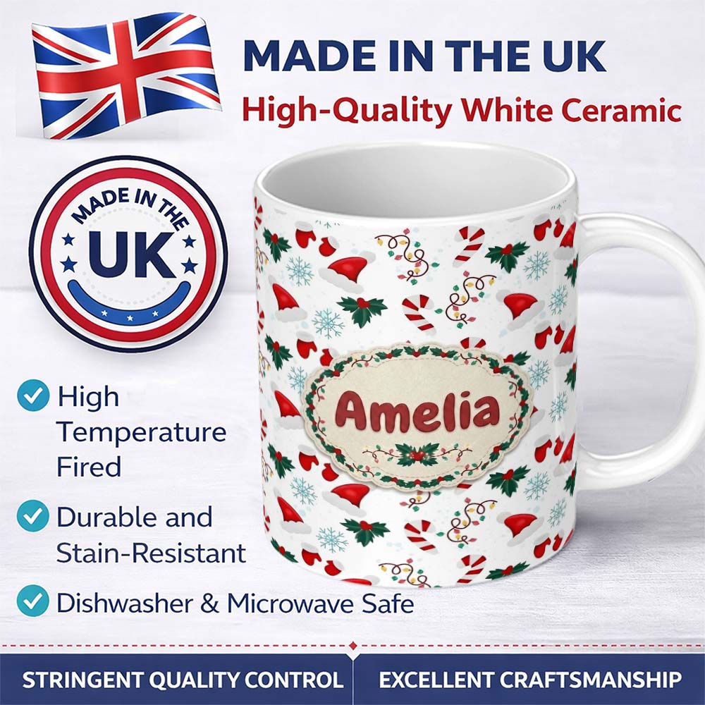 Personalized Custom Name Christmas Hat Mittens Candy Cane Holly Snowflake Seamless Pattern 11oz Ceramic Coffee Tea Mug White Large Handle
