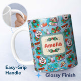 Personalized Custom Name Cute Snowman Xmas Day Gift Candle Seamless Pattern Festive Winter 11oz Ceramic Coffee Tea Mug White Large Handle