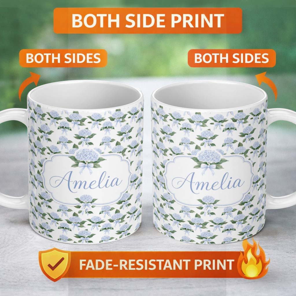 Personalized Custom Name Blue Hydrangea Bouquet Ribbon Floral Seamless Pattern Lovely 11oz Ceramic Coffee Tea Mug White Large Handle