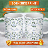 Personalized Custom Name Blue Hydrangea Bouquet Ribbon Floral Seamless Pattern Lovely 11oz Ceramic Coffee Tea Mug White Large Handle