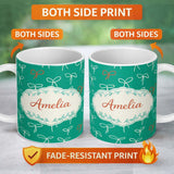 Personalized Custom Name Minimal Bow Line Art Green Background Cute Seamless Pattern Lovely 11oz Ceramic Coffee Tea Mug White Large Handle