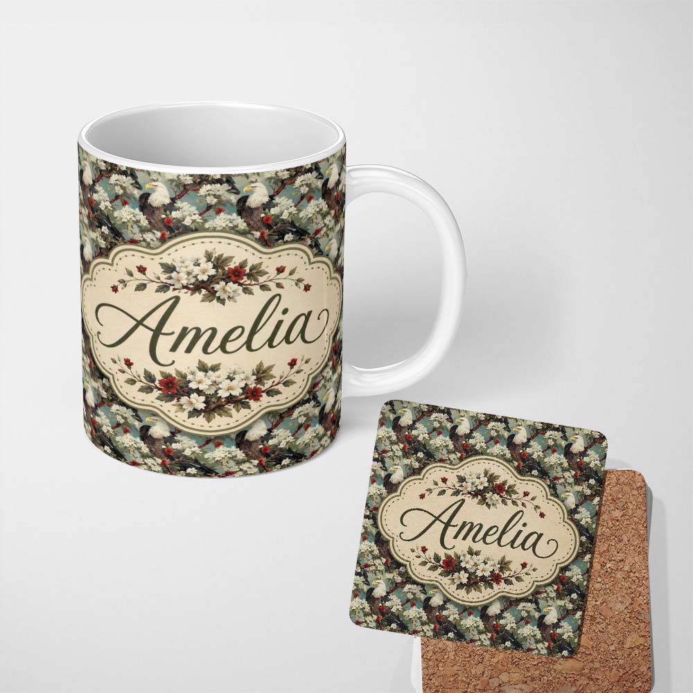 Personalized Custom Name Realistic Bald Eagle on Floral Branch Seamless Pattern Lovely 11oz Ceramic Coffee Tea Mug White Large Handle