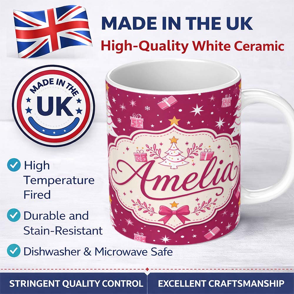 Personalized Custom Name White Christmas Tree Stars Gift Pink Background Seamless Pattern 11oz Ceramic Coffee Tea Mug White Large Handle