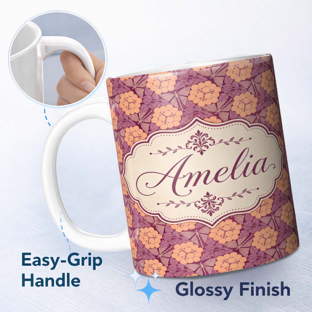 Personalized Custom Name Vintage Art Nouveau Butterfly and Berry Floral Seamless Pattern 11oz Ceramic Coffee Tea Mug White Large Handle