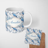 Personalized Custom Name Blue Jay Bird Floral Blossom Seamless Pattern Elegant Nature Lovely 11oz Ceramic Coffee Tea Mug White Large Handle