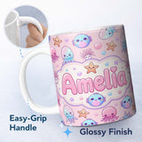 Personalized Custom Name Jellyfish Starfish and Cute Sea Creatures Soft Blush Pink Background 11oz Ceramic Coffee Tea Mug White Large Handle