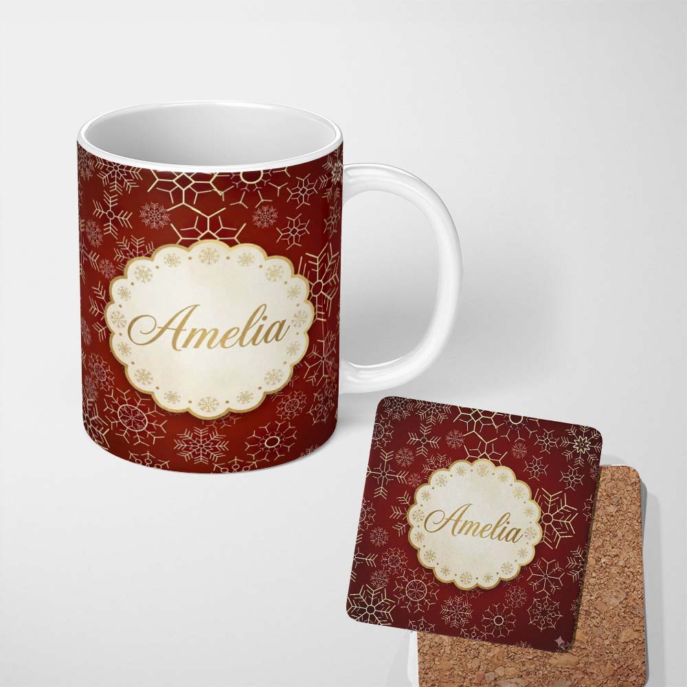 Personalized Custom Name Elegant Gold Snowflake Red Background Christmas Seamless Pattern 11oz Ceramic Coffee Tea Mug White Large Handle