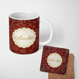 Personalized Custom Name Elegant Gold Snowflake Red Background Christmas Seamless Pattern 11oz Ceramic Coffee Tea Mug White Large Handle