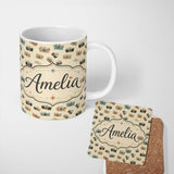 Personalized Custom Name Vintage Camera Scatter Pattern on Warm Beige Background Seamless 11oz Ceramic Coffee Tea Mug White Large Handle