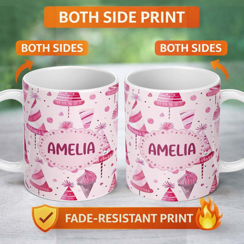 Personalized Custom Name Cute Pink Party Hat Sweet Treat Festive Seamless Pattern Lovely 11oz Ceramic Coffee Tea Mug White Large Handle