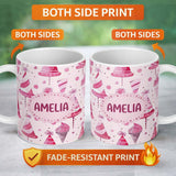 Personalized Custom Name Cute Pink Party Hat Sweet Treat Festive Seamless Pattern Lovely 11oz Ceramic Coffee Tea Mug White Large Handle