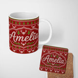 Personalized Custom Name Red Green Cute Christmas Tree Heart Knit Seamless Pattern Lovely 11oz Ceramic Coffee Tea Mug White Large Handle