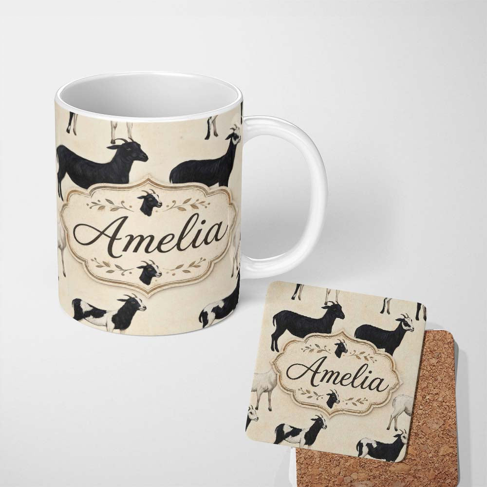 Personalized Custom Name Minimal Goat Farm Animal Illustration Soft Neutral Seamless Pattern 11oz Ceramic Coffee Tea Mug White Large Handle