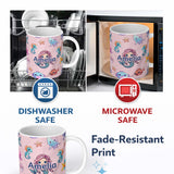 Personalized Custom Name Cute Kawaii Mermaid Seahorse Jellyfish and Starfish Light Pink 11oz Ceramic Coffee Tea Mug White Large Handle
