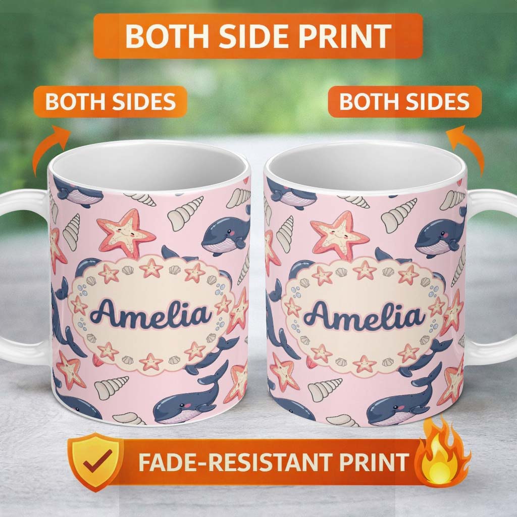 Personalized Custom Name Cute Kawaii Whale Starfish Seashell Ocean Animals Pink Background 11oz Ceramic Coffee Tea Mug White Large Handle