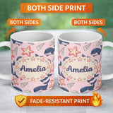 Personalized Custom Name Cute Kawaii Whale Starfish Seashell Ocean Animals Pink Background 11oz Ceramic Coffee Tea Mug White Large Handle