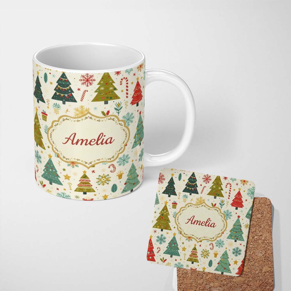 Personalized Custom Name Whimsical Christmas Trees Candy Canes Snowflakes Holiday Seamless 11oz Ceramic Coffee Tea Mug White Large Handle