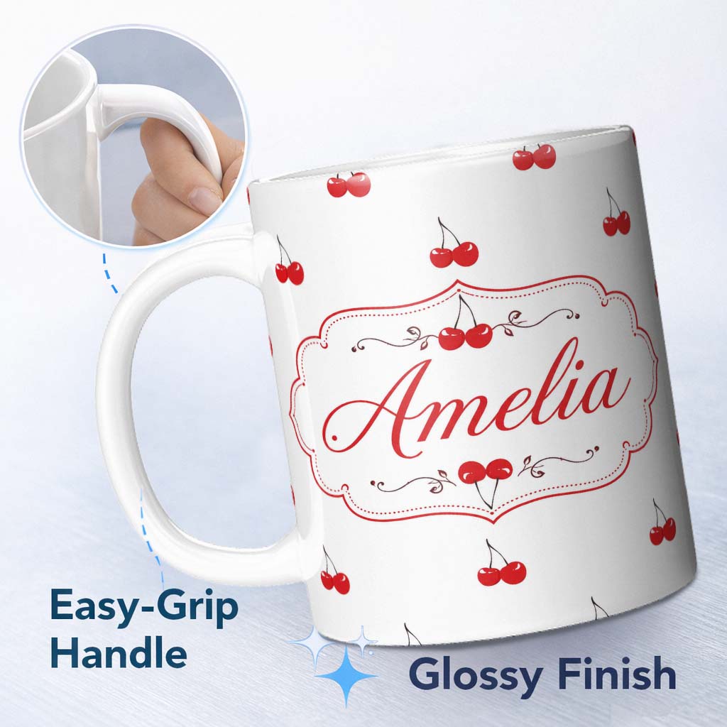 Personalized Custom Name Minimal Cherry Fruit Cute Seamless Pattern on Grey Cute Unique Gift 11oz Ceramic Coffee Tea Mug White Large Handle