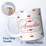 Personalized Custom Name Minimal Cherry Fruit Cute Seamless Pattern on Grey Cute Unique Gift 11oz Ceramic Coffee Tea Mug White Large Handle