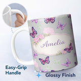 Personalized Custom Name Pink Purple Butterfly Floral Grey Background Seamless Pattern Lovely 11oz Ceramic Coffee Tea Mug White Large Handle