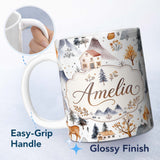 Personalized Custom Name Winter Mountain Cabin Forest Snow Landscape Seamless Pattern Lovely 11oz Ceramic Coffee Tea Mug White Large Handle