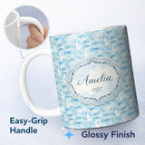 Personalized Custom Name Watercolor Seagulls Flying Over Ocean Waves Seamless Pattern Lovely 11oz Ceramic Coffee Tea Mug White Large Handle