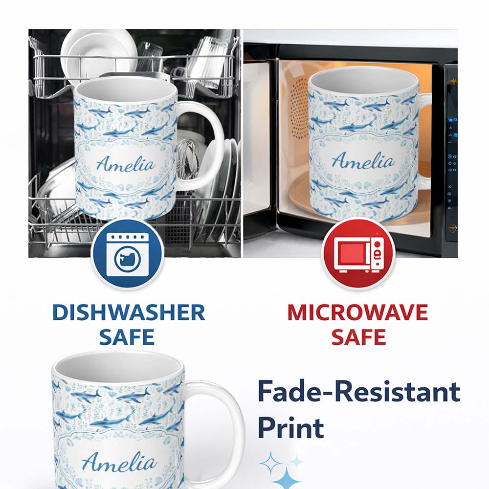 Personalized Custom Name Watercolor Blue Dolphin Seaweed Seamless Pattern Marine Ocean Design 11oz Ceramic Coffee Tea Mug White Large Handle