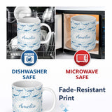 Personalized Custom Name Watercolor Blue Dolphin Seaweed Seamless Pattern Marine Ocean Design 11oz Ceramic Coffee Tea Mug White Large Handle