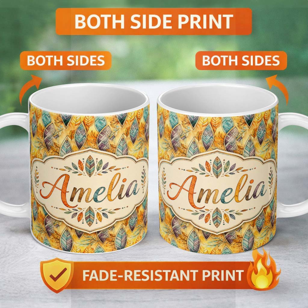 Personalized Custom Name Elegant Feather Leaves Boho Earth Tones Seamless Pattern Design 11oz Ceramic Coffee Tea Mug White Large Handle