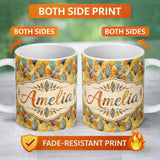 Personalized Custom Name Elegant Feather Leaves Boho Earth Tones Seamless Pattern Design 11oz Ceramic Coffee Tea Mug White Large Handle