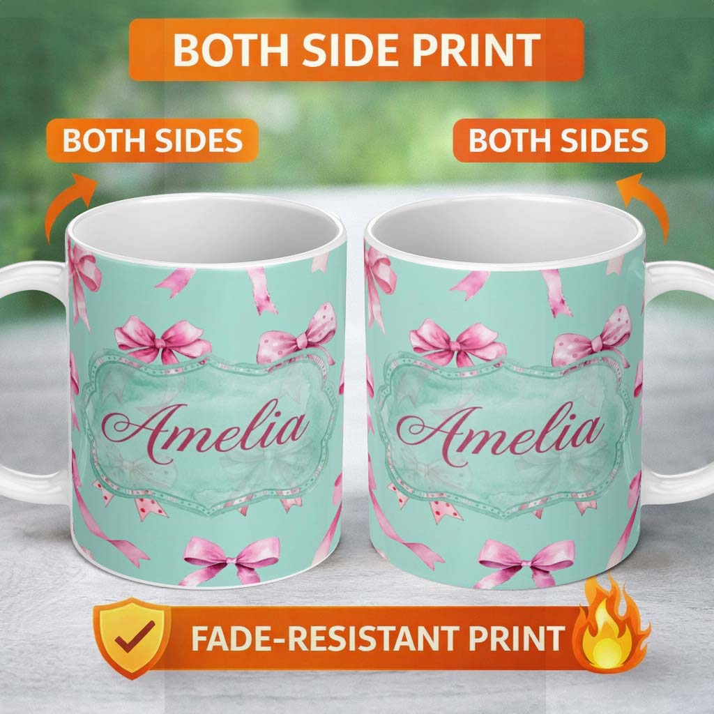 Personalized Custom Name Watercolor Pink Ribbon Bow Seamless Pattern on Teal Background 11oz Ceramic Coffee Tea Mug White Large Handle